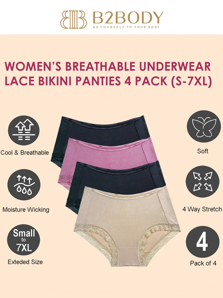 B2BODY M- Plus Size Breathable Underwear For Women 4 Pack Lace Bikini Panties