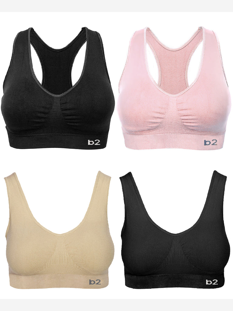 Women's Seamless Sports Bra S to 2XL Plus 2 Racerback Bras and 2 Basic  Multi-Pack