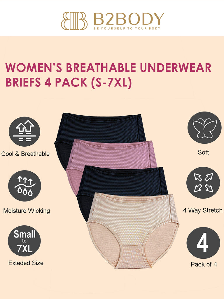 B2BODY Women's Breathable Brief Underwear Small to Plus Sizes Panties 4 Pack