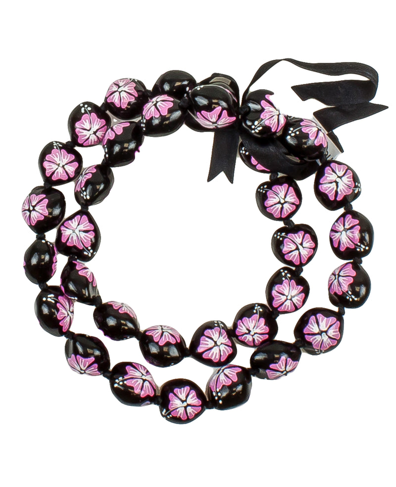 Barbra Collection Hawaiian Kukui Nut Leis Beads Necklaces with Hand Painted Flower Adjustable 32 inches Lei for Men and Women