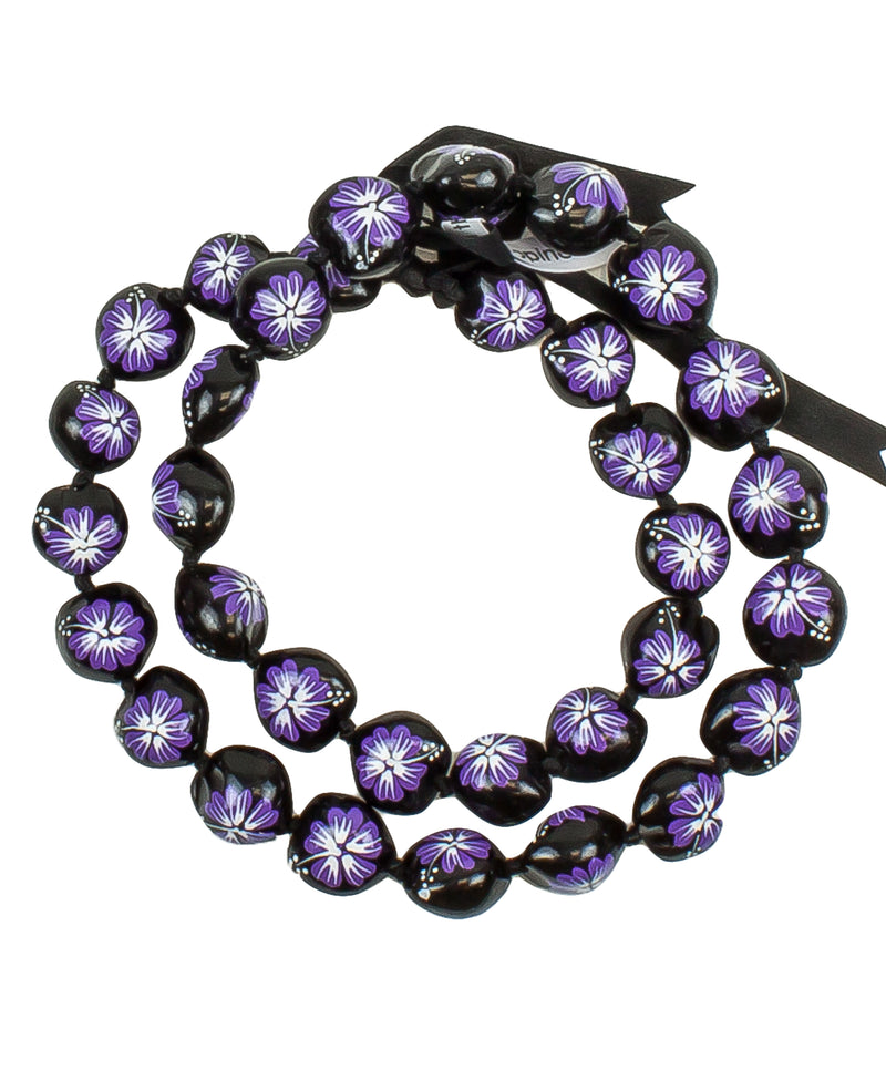 Barbra Collection Hawaiian Kukui Nut Leis Beads Necklaces with Hand Painted Flower Adjustable 32 inches Lei for Men and Women