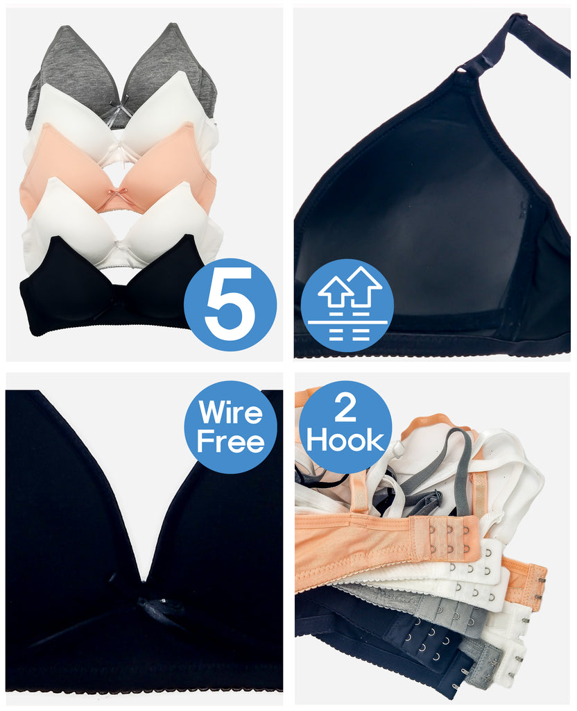 For Junior Wireless Light Padded A Cup Bras with J-hook (5 Pack)